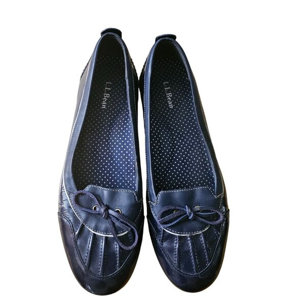 LL Bean Coastal Rain Low Duck Skimmers Womens Size 9M Navy Patent Blue, White Le - Picture 2 of 11